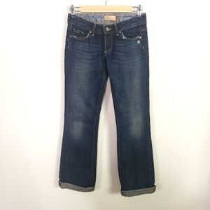 PAIGE Laurel Canyon boot cut jeans roll cuff stitched hem medium wash